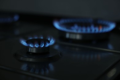 Photo of Gas burners with blue flame on stove, closeup