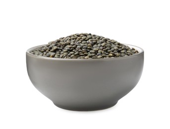 Photo of Green lentils in bowl isolated on white