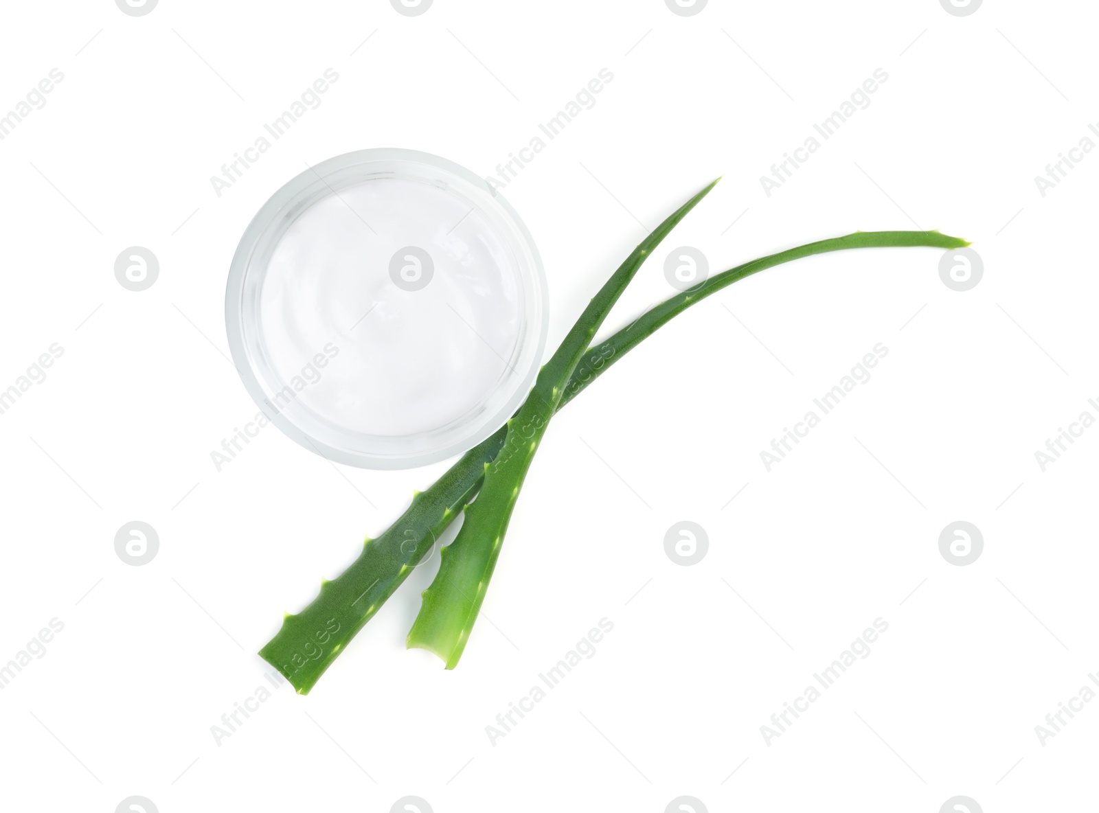 Photo of Moisturizing cream with extract of aloe vera in jar and cut leaves isolated on white, top view