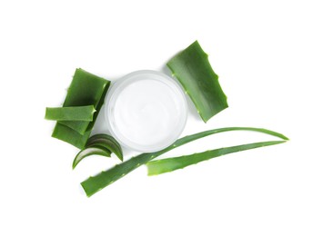 Moisturizing cream with extract of aloe vera in jar and cut leaves isolated on white, top view