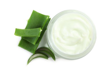 Moisturizing cream with extract of aloe vera in jar and cut leaves isolated on white, top view