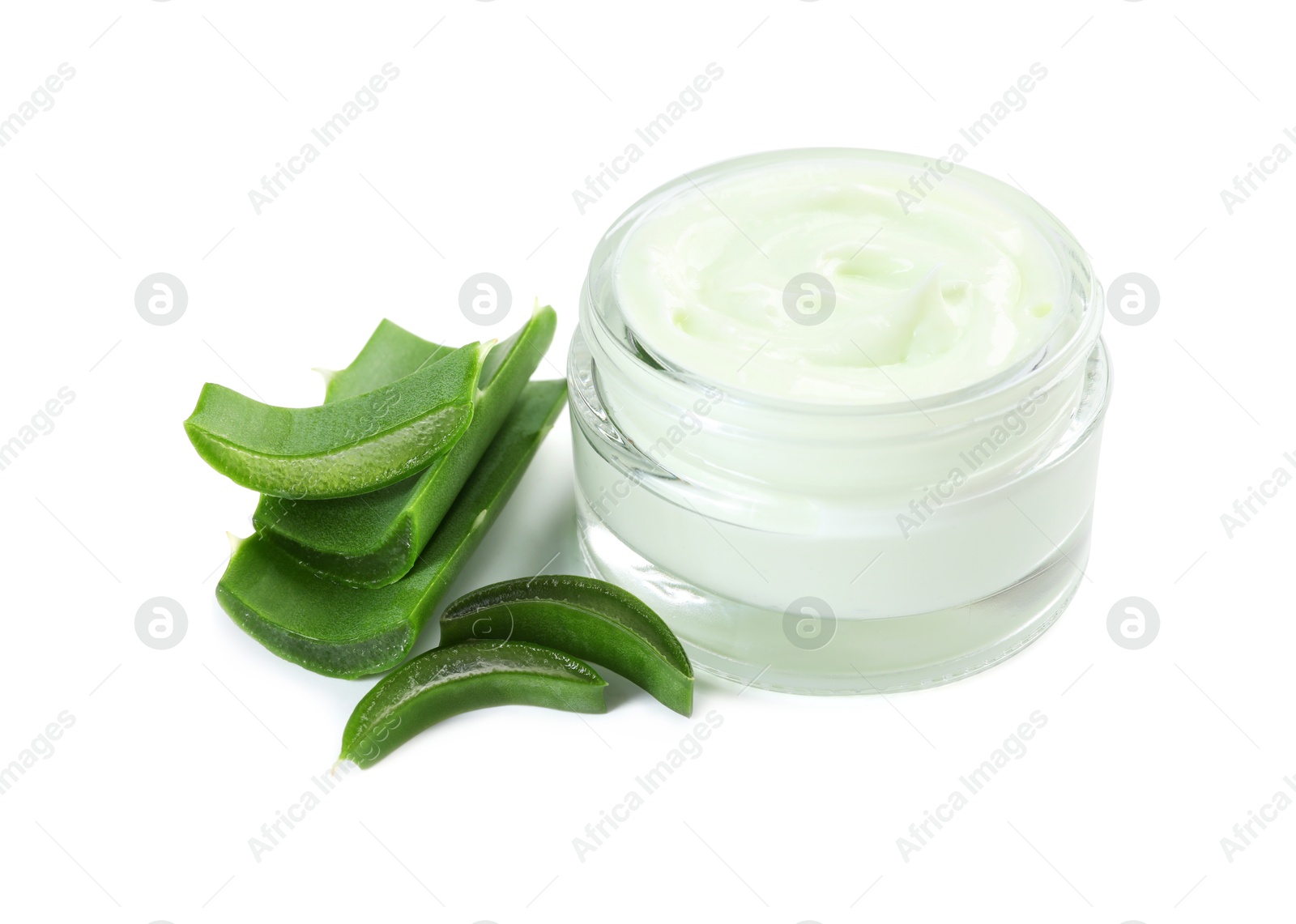 Photo of Moisturizing cream with extract of aloe vera in jar and cut leaves isolated on white