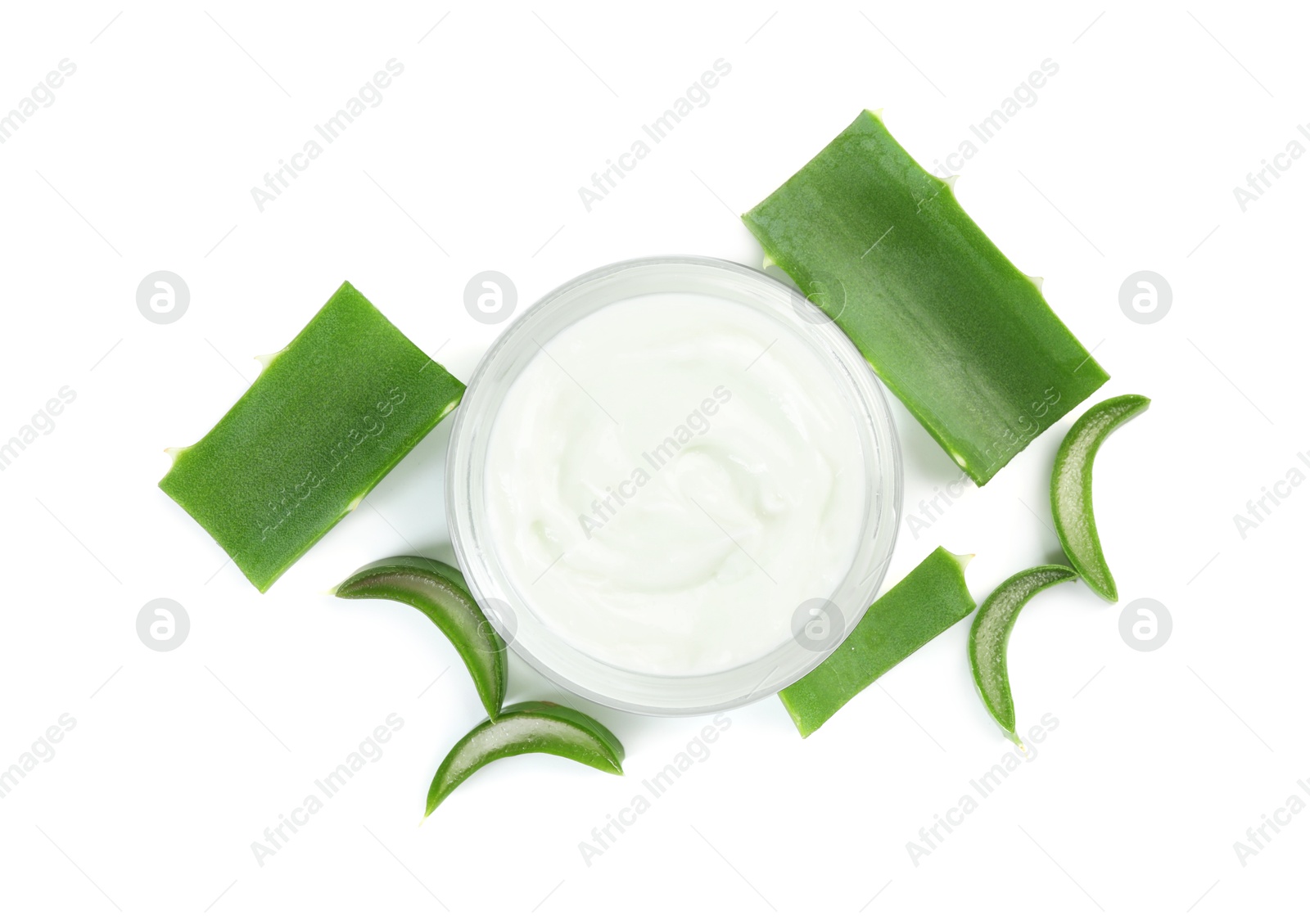 Photo of Moisturizing cream with extract of aloe vera in jar and cut leaves isolated on white, top view