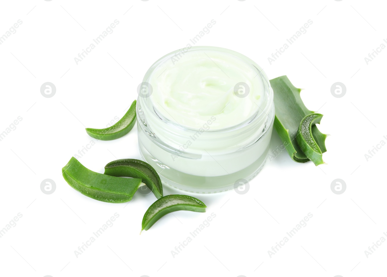 Photo of Moisturizing cream with extract of aloe vera in jar and cut leaves isolated on white