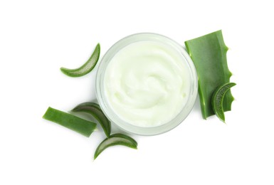 Photo of Moisturizing cream with extract of aloe vera in jar and cut leaves isolated on white, top view