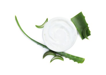 Moisturizing cream with extract of aloe vera in jar and cut leaves isolated on white, top view