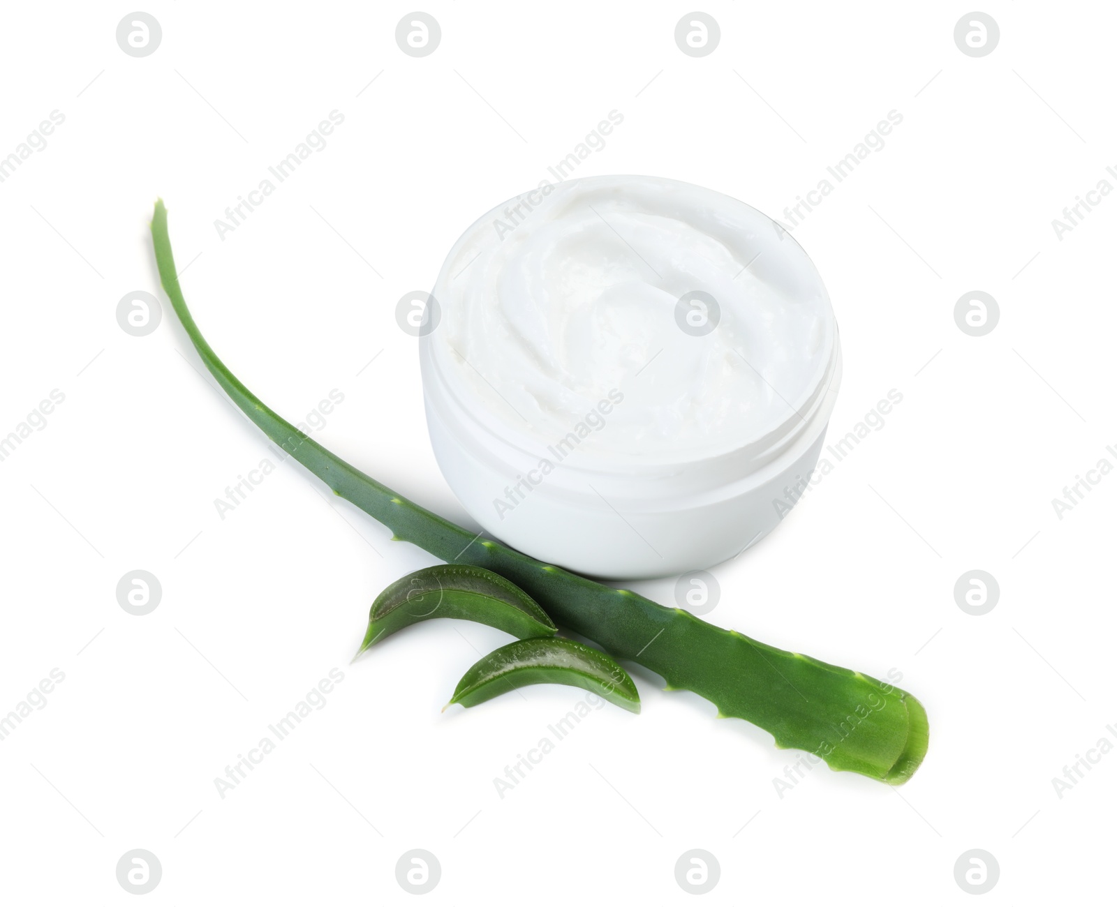 Photo of Moisturizing cream with extract of aloe vera in jar and cut leaves isolated on white