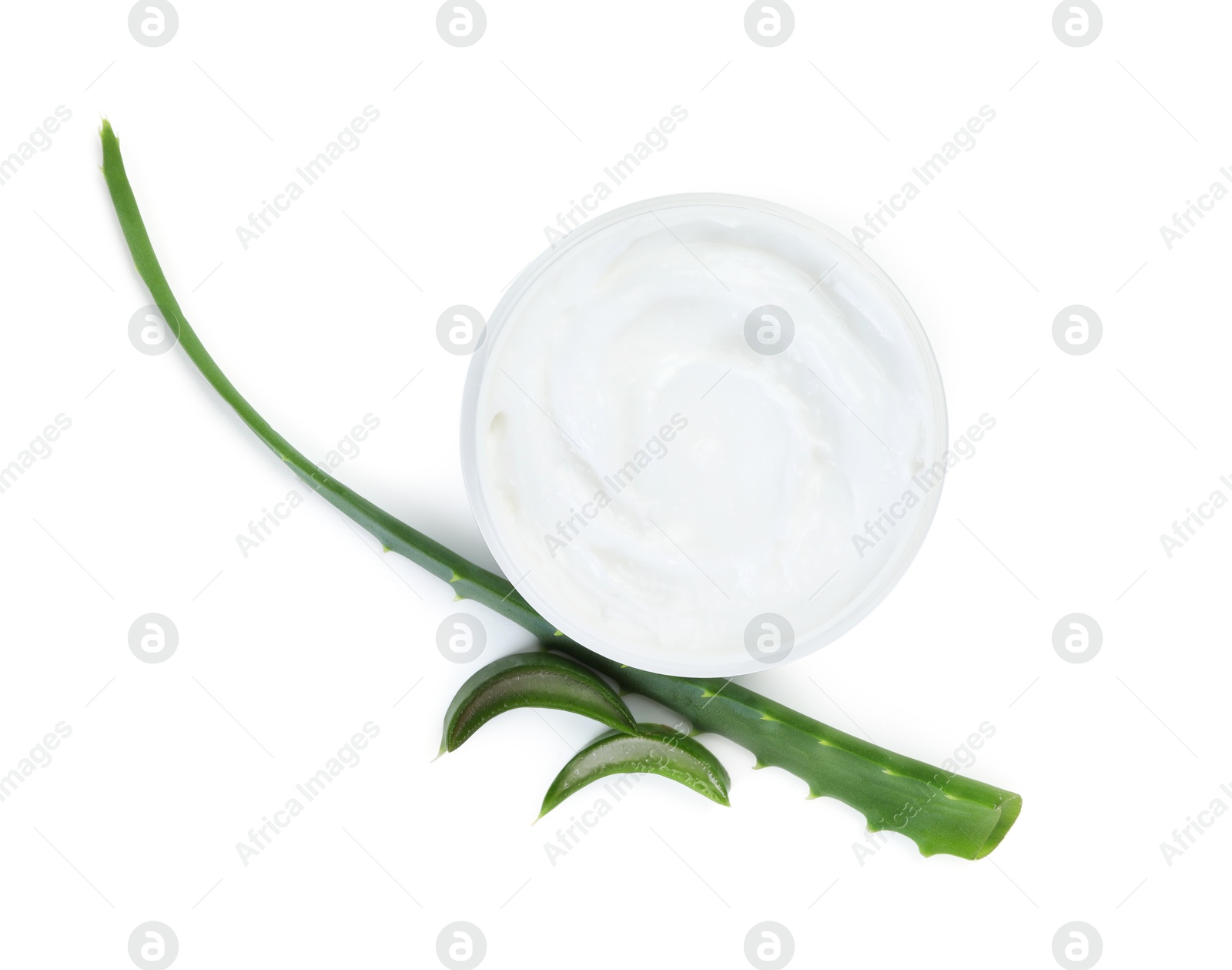 Photo of Moisturizing cream with extract of aloe vera in jar and cut leaves isolated on white, top view