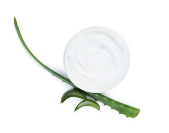 Moisturizing cream with extract of aloe vera in jar and cut leaves isolated on white, top view