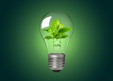 Image of Light bulb with fresh leaves inside in air on green background. Concepts of eco-friendly environment and saving energy