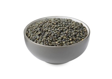 Photo of Green lentils in bowl isolated on white