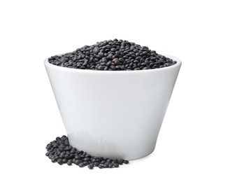 Photo of Black lentils in bowl isolated on white