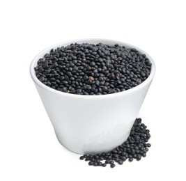 Photo of Black lentils in bowl isolated on white