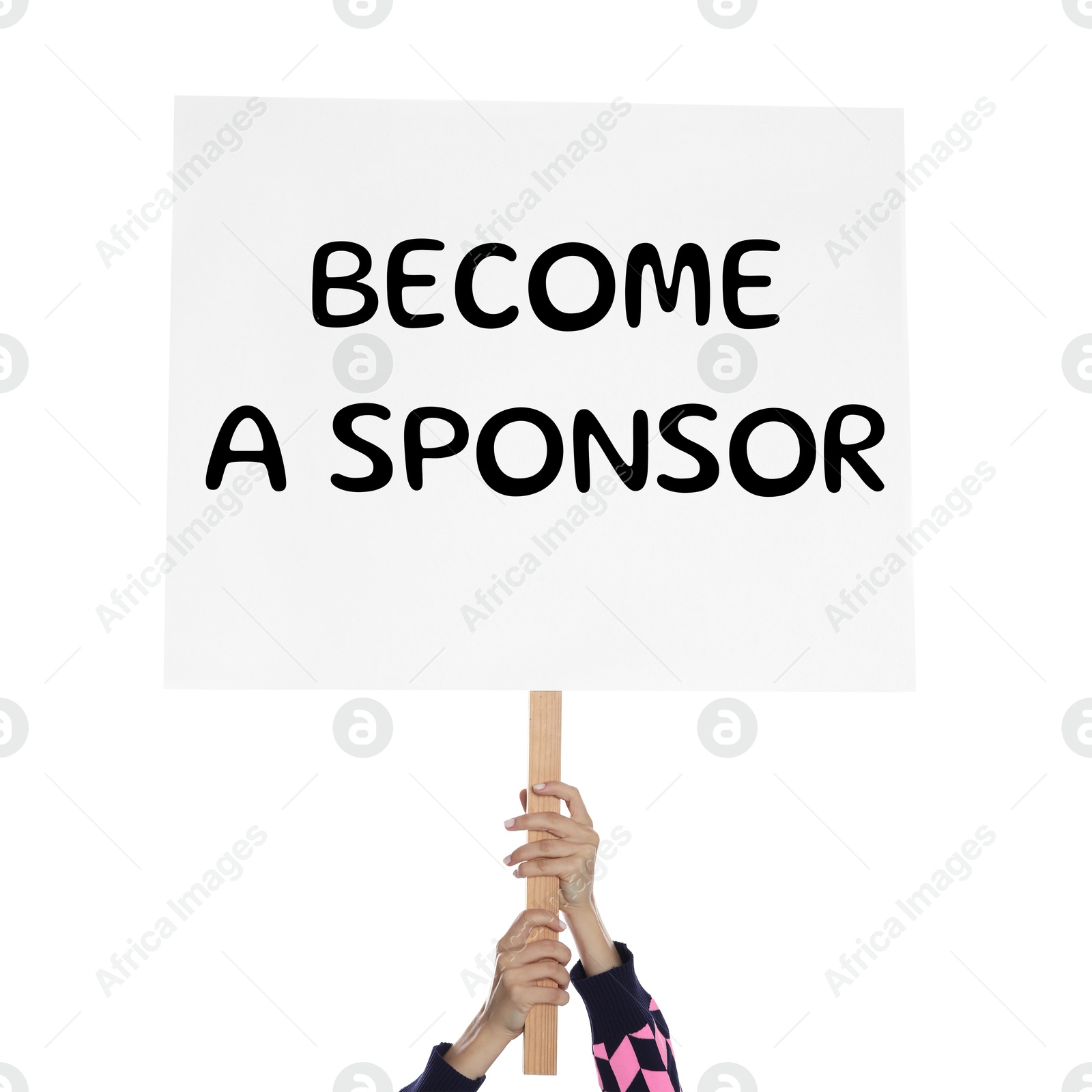 Image of Woman holding sign with text Become A Sponsor on white background, closeup