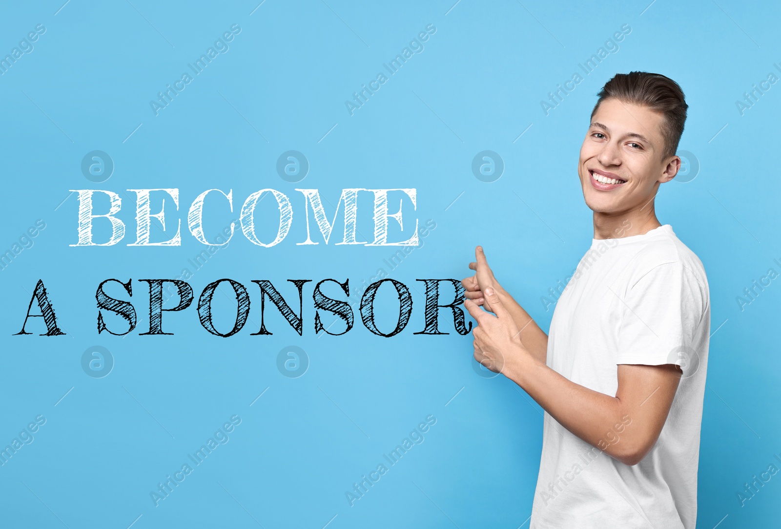 Image of Happy man pointing at text Become A Sponsor on light blue background