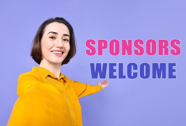 Happy woman pointing at text Sponsors Welcome on violet blue background