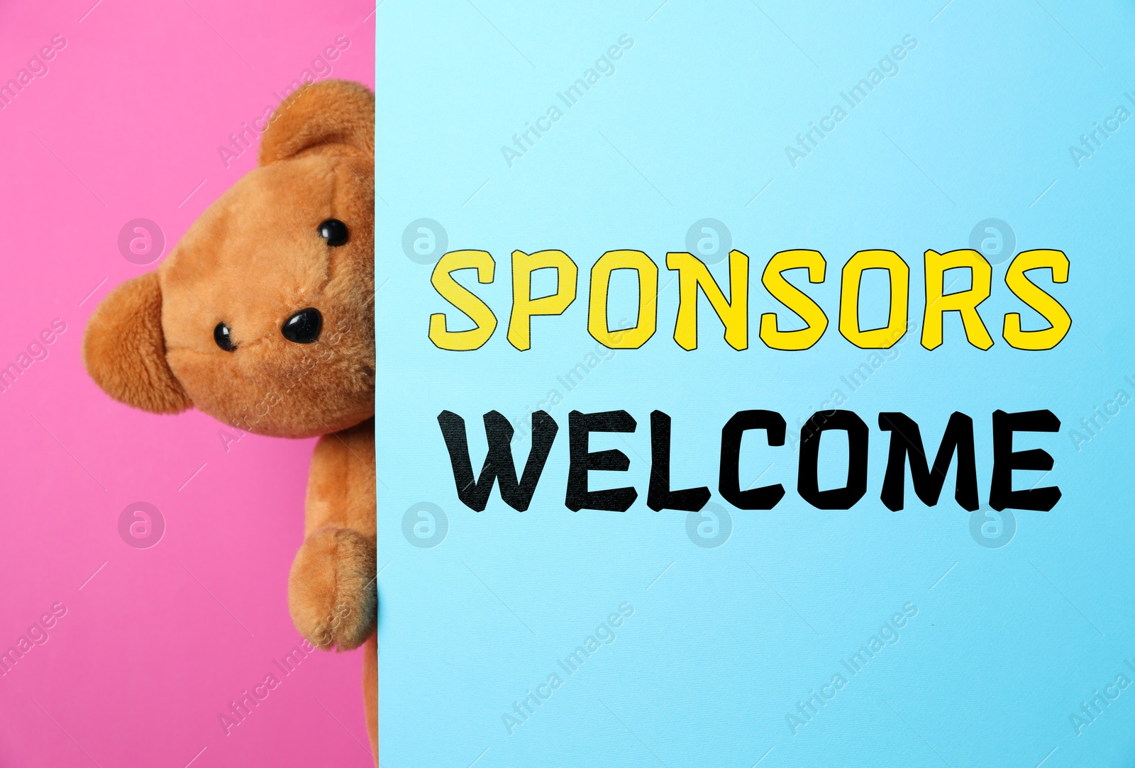 Image of Cute teddy bear peeking out of light blue card with text Sponsors Welcome on pink background