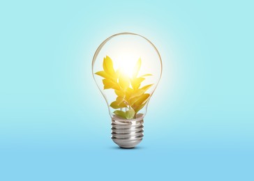 Light bulb with fresh leaves inside on light blue background. Concepts of eco-friendly environment and saving energy