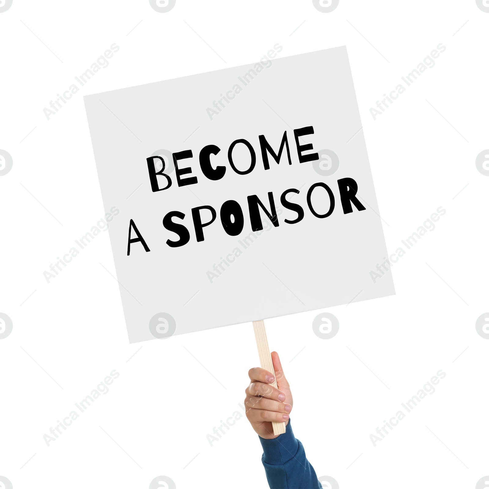 Image of Man holding sign with text Become A Sponsor on white background, closeup