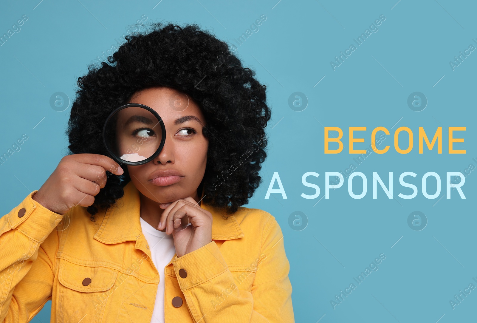 Image of Become a sponsor. Woman looking through magnifying glass on light blue background