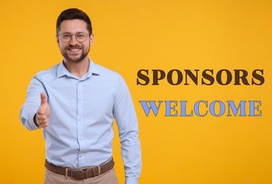 Image of Sponsors Welcome. Handsome man inviting on orange background