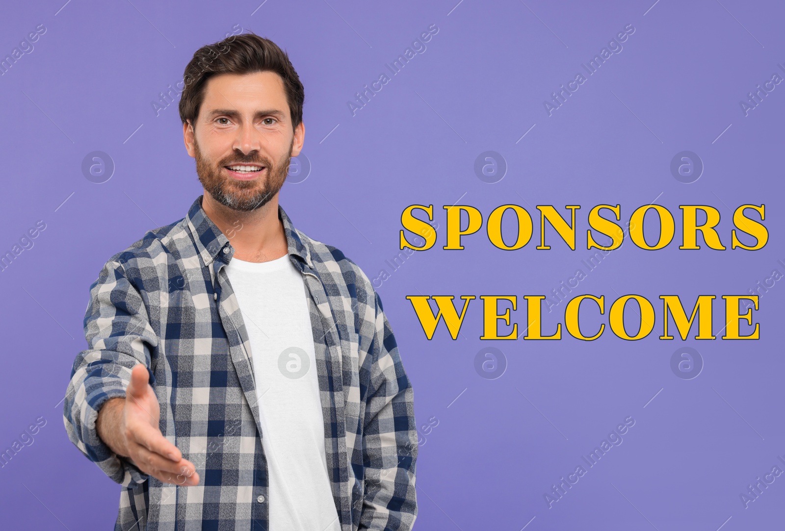 Image of Sponsors Welcome. Handsome man inviting on violet background