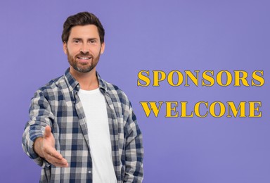 Sponsors Welcome. Handsome man inviting on violet background