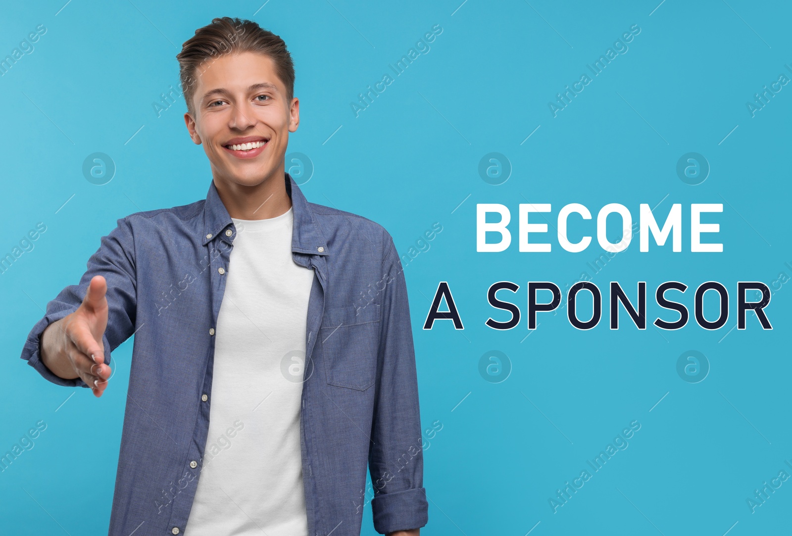 Image of Become a sponsor. Handsome man inviting on light blue background