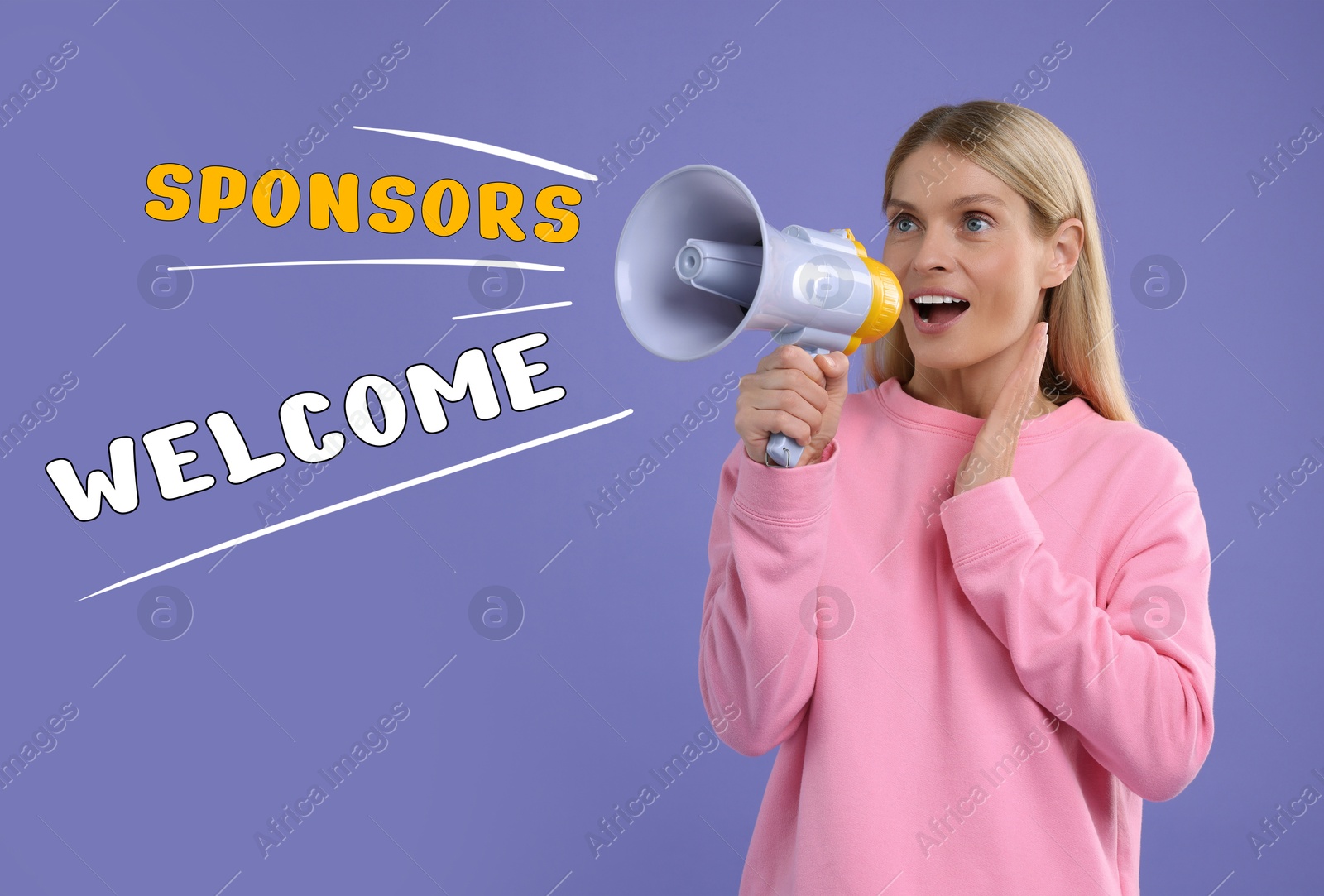 Image of Sponsors Welcome. Beautiful woman shouting in megaphone on violet blue background