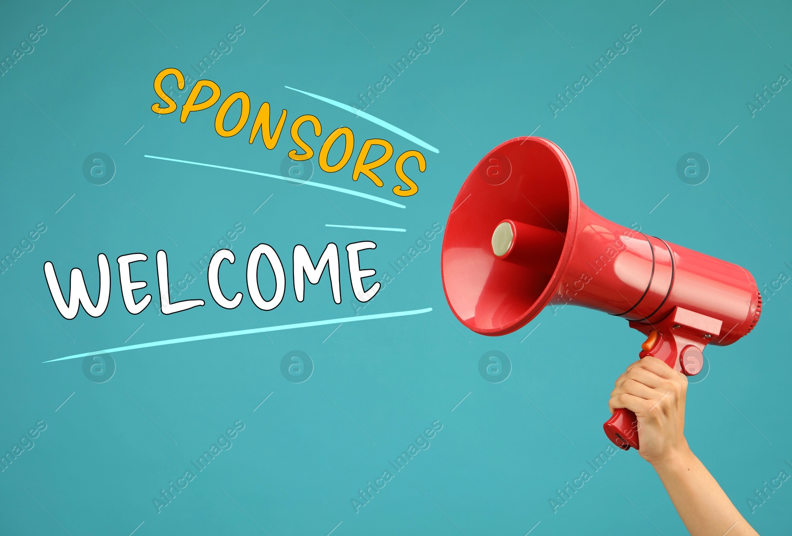 Image of Text Sponsors Welcome coming out of megaphone in woman's hand on turquoise background