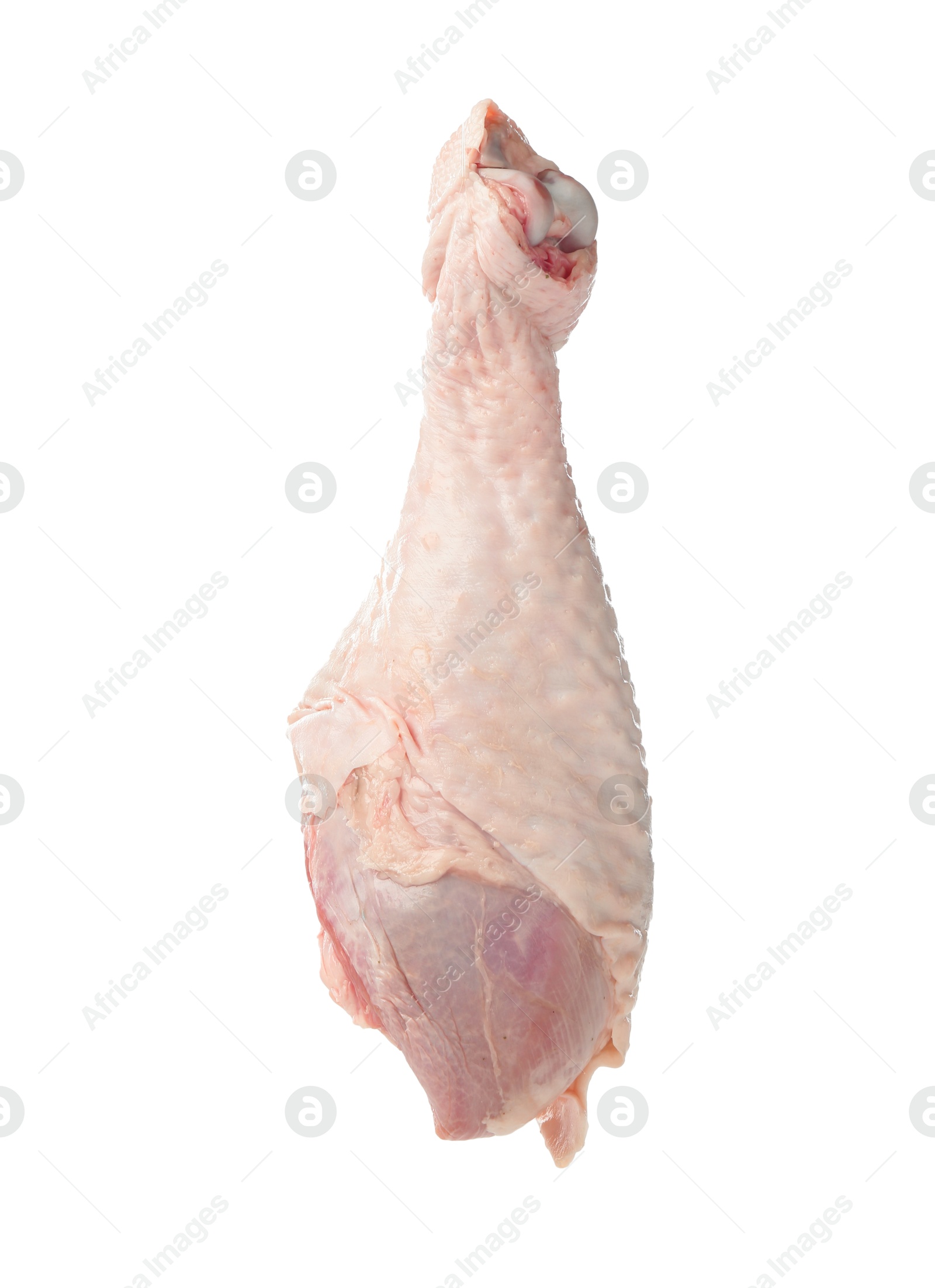 Photo of One raw turkey drumstick in air isolated on white