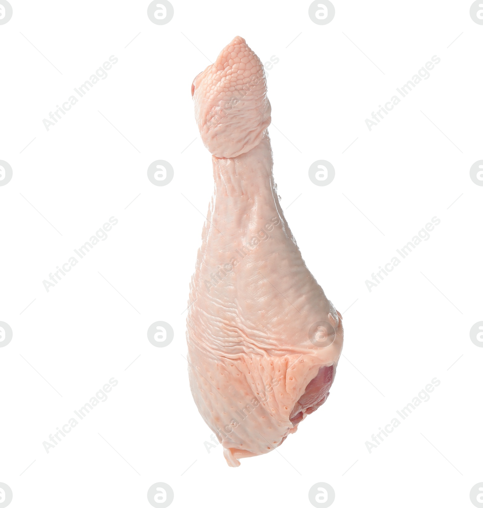 Photo of One raw turkey drumstick in air isolated on white