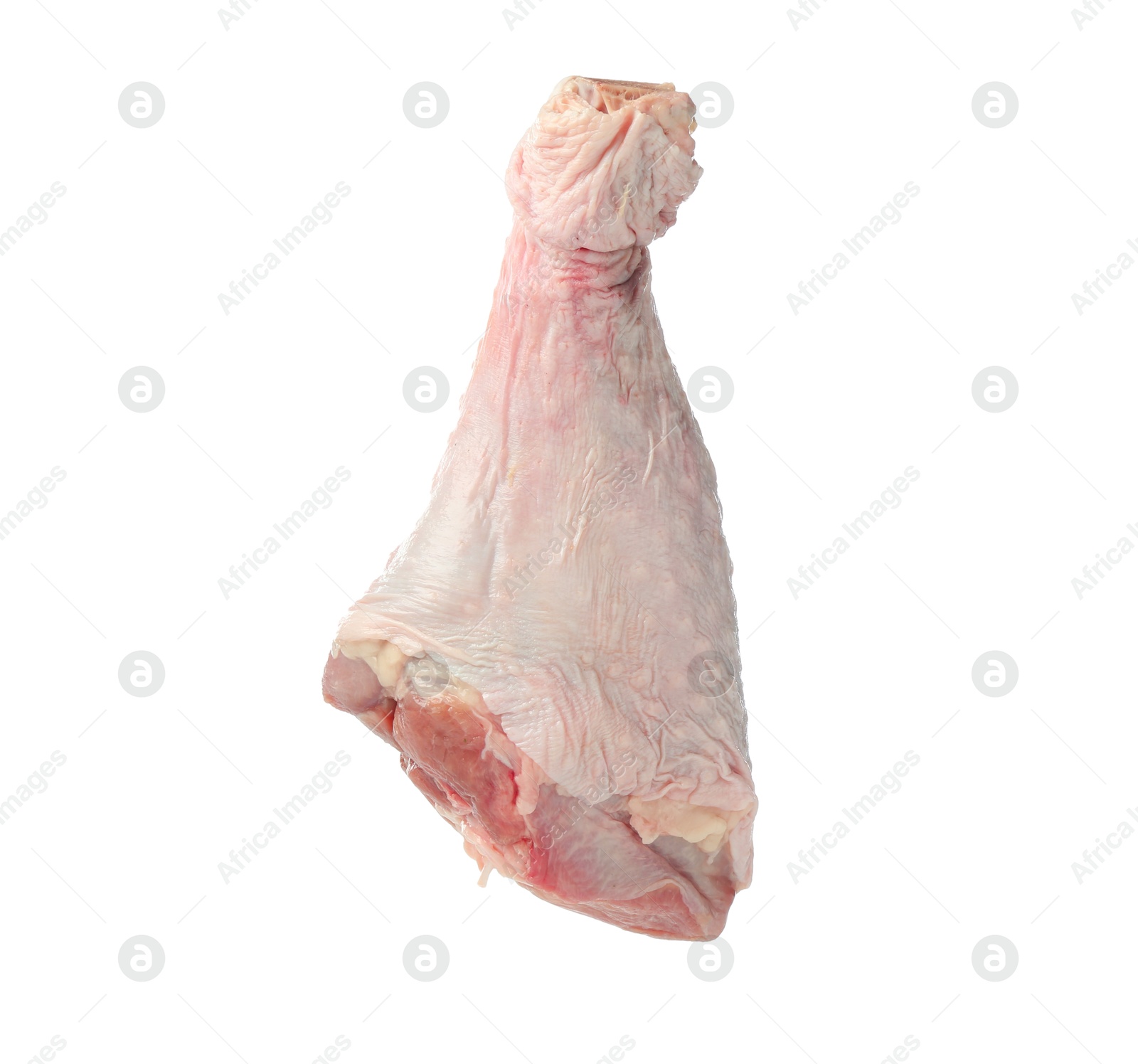 Photo of One raw turkey drumstick in air isolated on white