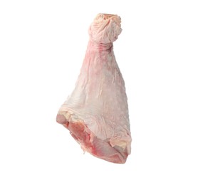 One raw turkey drumstick in air isolated on white