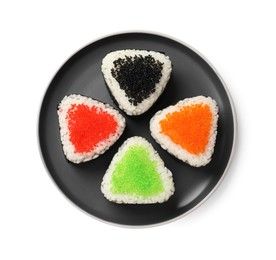 Photo of Tasty tobiko onigiri (Japanese rice balls) on white background, top view