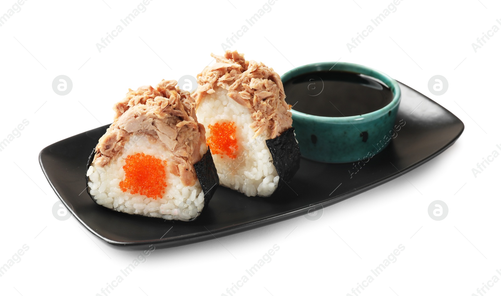 Tasty onigiri (Japanese rice balls) with tuna and soy sauce on white background Photo of Tasty onigiri (Japanese rice balls) with tuna and soy sauce on white background