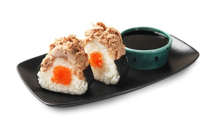 Photo of Tasty onigiri (Japanese rice balls) with tuna and soy sauce on white background