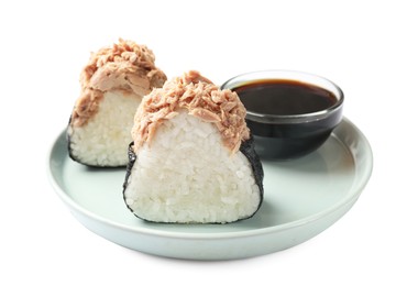 Photo of Tasty onigiri (Japanese rice balls) with tuna and soy sauce on white background