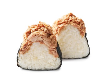 Photo of Tasty onigiri (Japanese rice balls) with tuna on white background