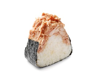 Photo of Tasty onigiri (Japanese rice ball) with tuna on white background