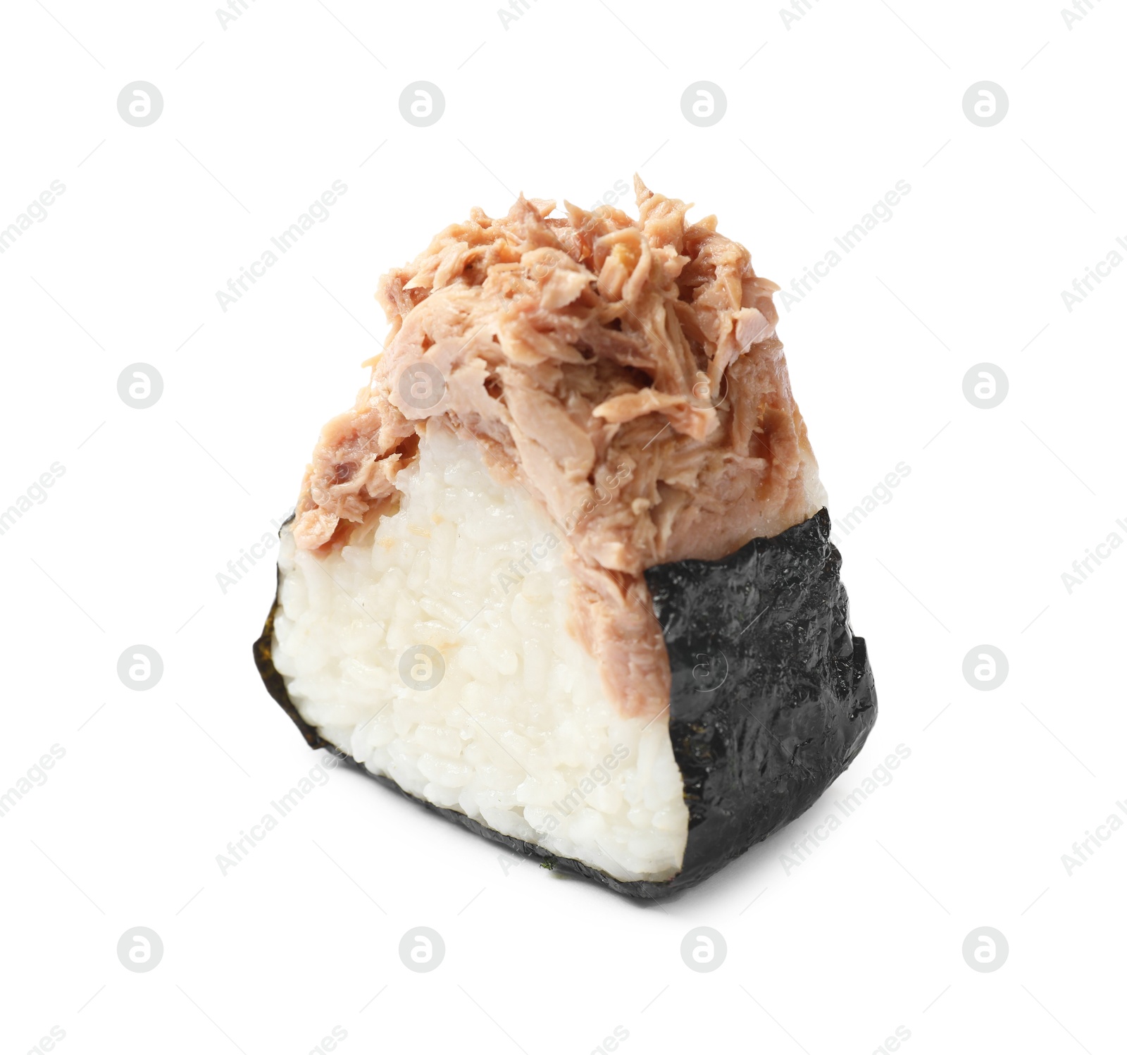Tasty onigiri (Japanese rice ball) with tuna on white background Photo of Tasty onigiri (Japanese rice ball) with tuna on white background