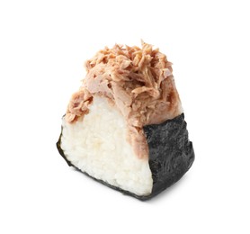 Photo of Tasty onigiri (Japanese rice ball) with tuna on white background