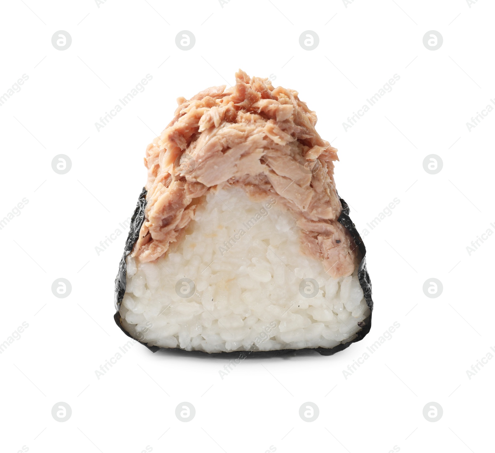 Tasty onigiri (Japanese rice ball) with tuna on white background Photo of Tasty onigiri (Japanese rice ball) with tuna on white background