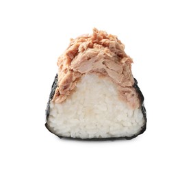 Photo of Tasty onigiri (Japanese rice ball) with tuna on white background