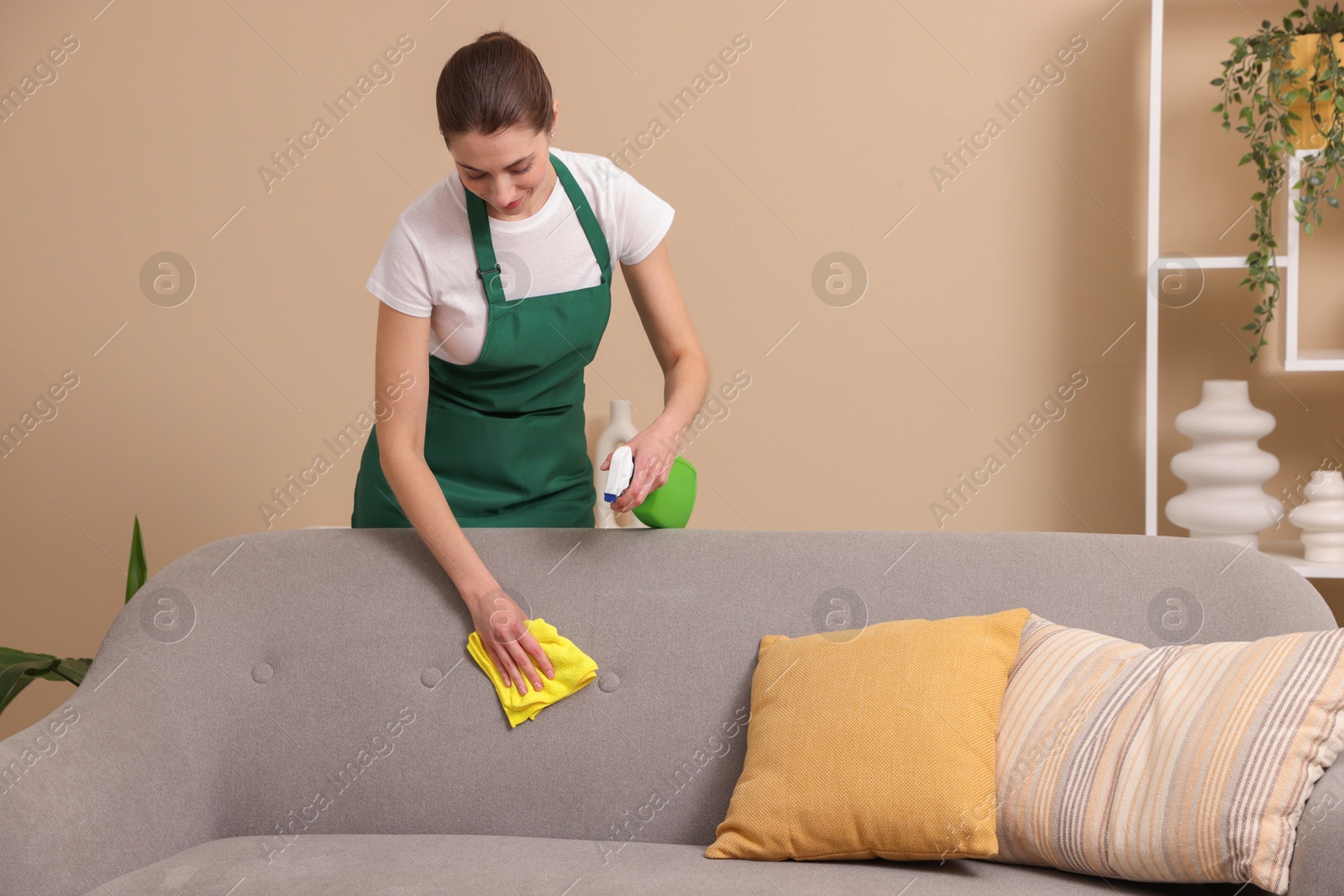 Photo of Janitor cleaning sofa with rag at home