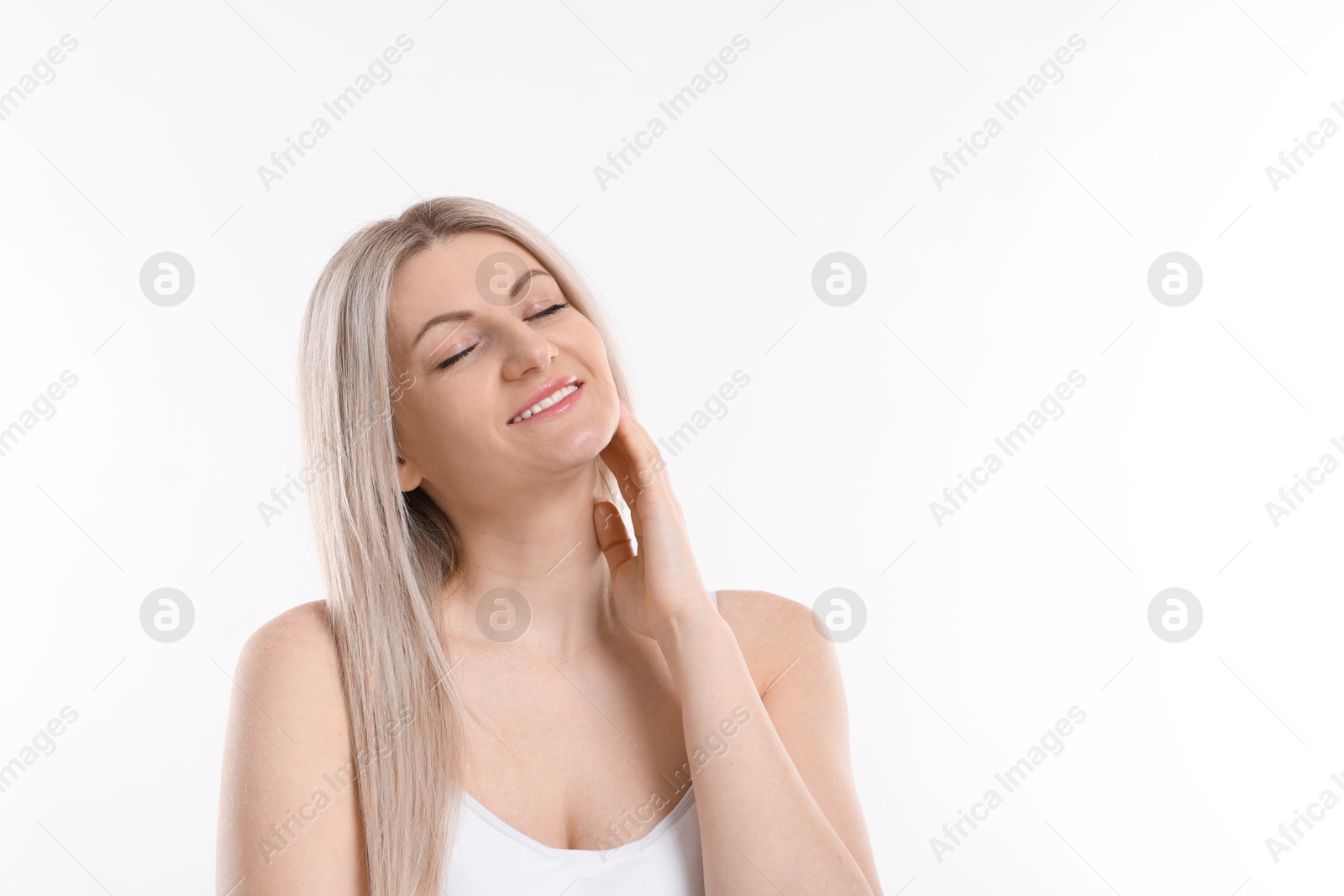 Photo of Portrait of beautiful woman on white background. Space for text