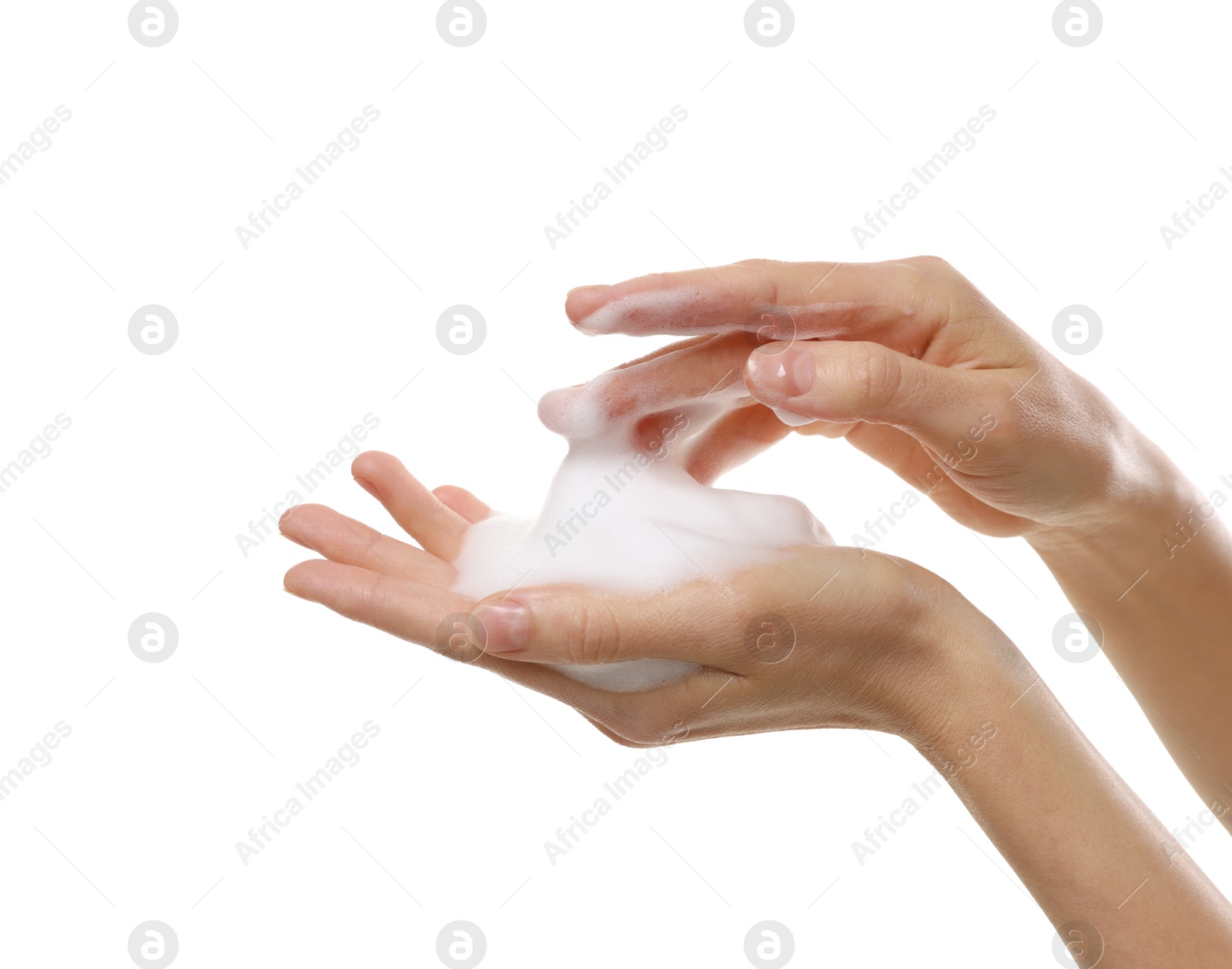 Photo of Woman washing hands with foaming soap on white background, closeup. Hygiene