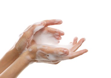 Photo of Woman washing hands with foaming soap on white background, closeup. Hygiene