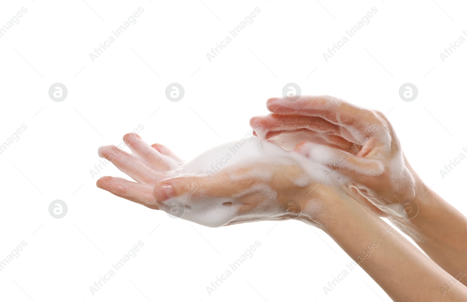 Photo of Woman washing hands with foaming soap on white background, closeup. Hygiene