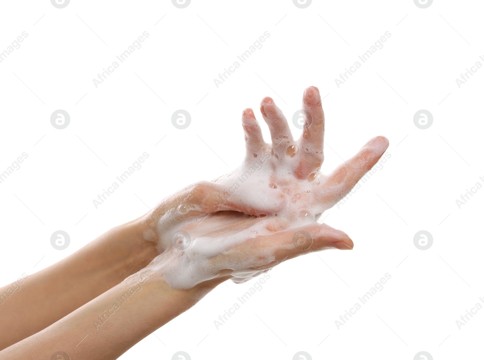 Photo of Woman washing hands with foaming soap on white background, closeup. Hygiene